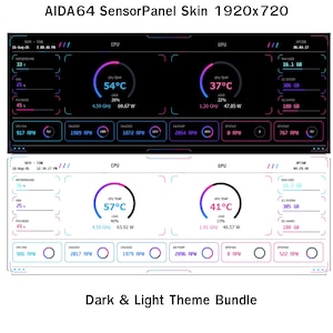 May include: A digital AIDA64 SensorPanel skin bundle in 1920x720 resolution, featuring both dark and light themes. The interface displays real-time system metrics including CPU and GPU temperatures, load percentages, fan speeds in RPM, and storage usage.