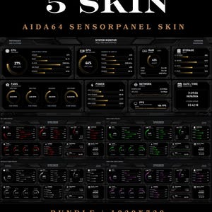 Peut inclure: Un ensemble de skins pour panneau de capteurs AIDA64 présentant une interface sombre avec des données de surveillance système en temps réel. L'affichage inclut des mesures pour CPU, GPU, RAM, stockage, ventilateurs, alimentation et date.