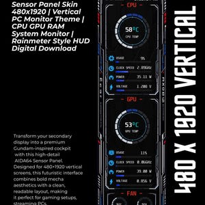 May include: A vertical digital sensor panel skin for PC monitors featuring a Gundam-inspired mecha interface. The display shows system metrics including CPU and GPU temperatures, usage percentages, clock speeds, power, and voltage in a dark layout.