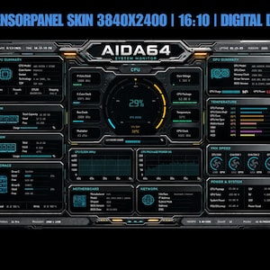 Puede incluir: Una skin digital de panel de sensores AIDA64 con interfaz metálica oscura, que muestra datos en azul y amarillo para CPU, RAM, VRAM, almacenamiento y ventiladores. El texto dice AIDA64 SENSORPANEL SKIN 3840X2400 | 16:10 | DIGITAL DOWNLOAD.
