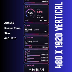 May include: A vertical AIDA64 sensor panel skin with a 480x1920 resolution, featuring dark-themed digital gauges and text displays for CPU, GPU, RAM, storage, fan speeds, date, time, and power usage with pink and blue accents on a dark background.