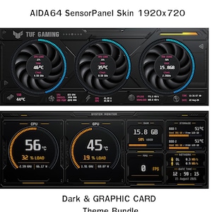 May include: A digital AIDA64 SensorPanel skin with a 1920x720 resolution, featuring two dark-themed system monitor layouts. The interface displays real-time hardware metrics including CPU, GPU, RAM, storage, and network data with fan graphics.