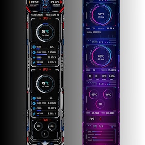 以下が含まれることがあります： 解像度480x1920の垂直型AIDA64センサーパネルスキン2種。左側のスキンは赤と黒のロボット風デザインで、CPU、GPU、ファンのデータを表示。右側のスキンは青と紫のインターフェースで、CPU、GPU、RAM、ファンの測定値を表示しています。