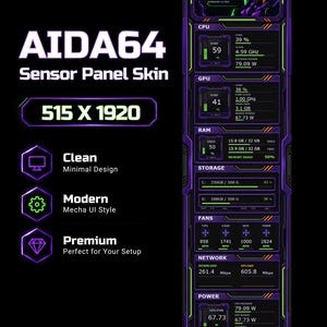 May include: A vertical AIDA64 sensor panel skin with a purple and neon green mecha-inspired interface. The layout displays system metrics including CPU, GPU, RAM, storage, fan speeds, network data, and power usage, featuring a 515 x 1920 resolution.