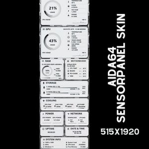 Könnte beinhalten: Ein vertikaler AIDA64 Sensor-Panel-Skin zur PC-Systemüberwachung mit weiß-grauer Benutzeroberfläche. Er zeigt Echtzeitdaten für CPU, GPU, RAM, Mainboard, Speicher, Kühlung, Stromversorgung, Netzwerk, Betriebszeit, Datum, Uhrzeit und Systeminfos in 515x1920.