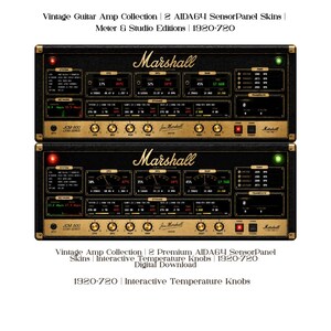 以下が含まれることがあります： ヴィンテージのマーシャルギターアンプを模した2つのデジタルAIDA64センサーパネルスキン。黒と金のインターフェースには、CPU、GPU、RAM、ストレージ使用量などのシステムメトリクスが表示され、インタラクティブな温度調整ノブと1920x720の解像度を備えています。