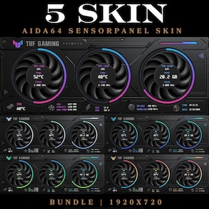Paquete de temas AIDA64 SensorPanel 1920x720 / 5 temas incluidos / HUD para juegos con triple ventilador / Monitor de hardware para PC