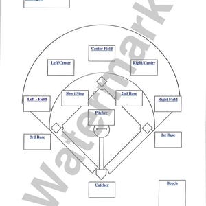 Peut inclure: Un diagramme de terrain de baseball blanc avec des lignes noires et des cases rectangulaires étiquetées pour les positions : Catcher, Pitcher, 1st Base, 2nd Base, 3rd Base, Short Stop, Left Field, Right Field, Left/Center, Center Field, Bench, Inning: #.