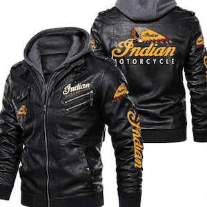 Men's Indian Motorcycle Leather Jacket, Black Genuine Cowhide Hooded Biker Jacket, Vintage Cafe Racer Moto Riding Coat, Gift for Him