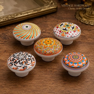 Boho Ceramic Cabinet Knob, Colorful Mandala Drawer Pull, Vintage Dresser Knob, Single Hole Furniture Hardware