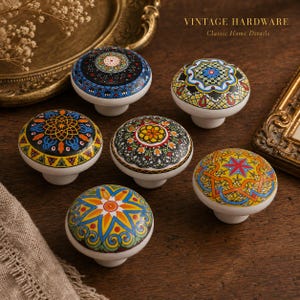 Boho keramisk skåpknopp, färgglad mandala lådhandtag, vintage byråknopp, möbelbeslag med ett hål
