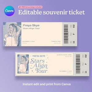 Può includere: Due modelli di biglietti souvenir modificabili per il tour Stars Align di Freya Skye il 17 novembre 2026. I biglietti presentano uno sfondo color crema, una fotografia in bianco e nero di una persona, un codice a barre e i posti.