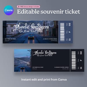 May include: Two rectangular souvenir tickets for a Phoebe Bridgers concert titled The Lost Tour 2026. The tickets feature a dark blue and black color scheme, a car on a road graphic, a barcode, and text details for seat 02, row F, and section 11.