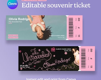 Plantilla de boleto de recuerdo de la gira Unraveled de Olivia Rodrigo (2 diseños), descarga digital imprimible, plantilla editable de Canva.