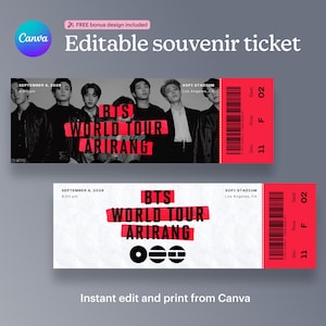 Pode incluir: Dois bilhetes de lembrança retangulares com o texto BTS WORLD TOUR ARIRANG. O bilhete superior exibe uma fotografia a preto e branco de sete pessoas, enquanto o inferior tem um fundo branco com texto e ícones a preto.