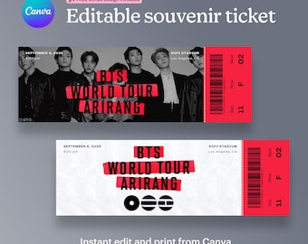 Modèle de billet souvenir pour la tournée BTS Arirang (2 mises en page), téléchargement numérique imprimable, modèle Canva modifiable