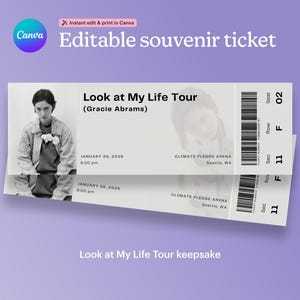 Op de afbeelding: Een rechthoekig souvenir-ticket voor de Look at My Life Tour van Gracie Abrams. Het ticket bevat een zwart-wit portret, de datum 26 januari 2026 om 20:00 uur, en de locatie Climate Pledge Arena in Seattle, WA, met stoel 02, rij F, sec 11.