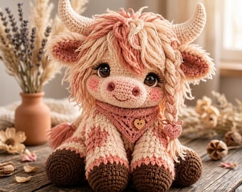 May include: A crocheted stuffed animal resembling a Highland cow with shaggy light pink and cream yarn, dark brown hooves, and large dark eyes. It wears a pink crocheted bandana with a small wooden heart button and has a braided side fringe.