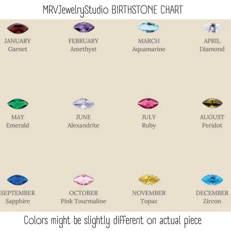 May include: A MRVJewelryStudio birthstone chart displaying twelve marquise-cut gemstones arranged in three rows. Each stone corresponds to a month and name: January Garnet, February Amethyst, March Aquamarine, April Diamond, May Emerald, June Alexandrite, July Ruby, August Peridot, September Sapphire, October Pink Tourmaline, November Topaz, and December Zircon. Text at the bottom states: Colors might be slightly different on actual piece.