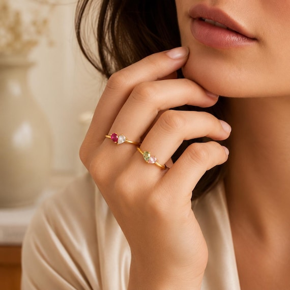Personalisierter Herzring mit 2 Geburtssteinen, 18K vergoldeter Ring, Partnerring, Geschenk für Freundin, Geburtstag und Abschluss