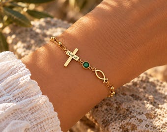 Personalisiertes Kreuz Armband mit Name & Geburtsstein, Ichthys Fisch Armband, Christliches Geschenk, Taufe Kommunion Konfirmation