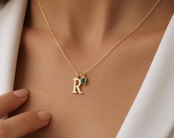Personalisierte Herz Letter Halskette mit Geburtsstein, 18K vergoldete Initial Kette, Geschenk für Frauen, Freundin, Mama