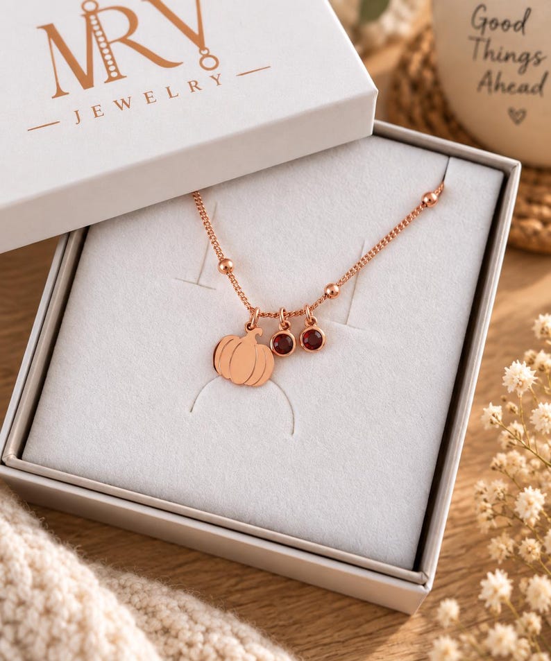 Peut inclure: Un collier couleur or rose avec un pendentif citrouille et deux petites breloques circulaires en pierre pr&eacute;cieuse rouge fonc&eacute;. Le collier poss&egrave;de une cha&icirc;ne d&eacute;licate avec de petites perles et est pr&eacute;sent&eacute; dans une bo&icirc;te cadeau blanche.