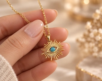 Auge Halskette mit Stein, Goldene Schutzsymbol Kette, Sonnenauge Anhänger, Geschenk für Frauen Beschreibung