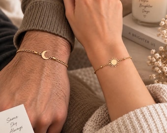 Partnerarmband Set Sonne  Mond  Minimalistische Armbänder für Paare, Geschenk für Sie  Ihn, Verstellbares Couple Bracelet
