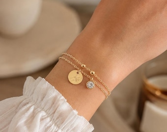 Doppelreihiges Armband personalisiert, Geburtsstein Armband mit Gravur, Familienarmband, Namensarmband, Geschenk für Mama
