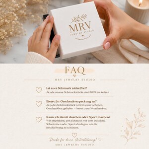 May include: A white square jewelry box with the gold logo MRV JEWELRY STUDIO and a botanical design. Below, a beige FAQ card features text in German regarding nickel-free jewelry, gift packaging, and care instructions for jewelry maintenance.