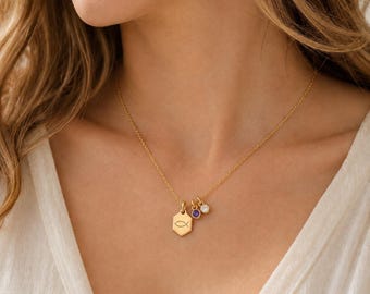 Personalisierte Kommunion Kette mit Ichthys Fisch und 2 Geburtssteinen, Erstkommunion Geschenk für Mädchen, Gold Halskette