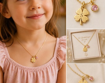 Personalisierte Kleeblatt Kette mit Initiale, Geburtsstein, Glücksbringer Halskette, Geschenk für Mädchen, Tochter, Frauen