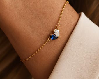 Personalisiertes Herzarmband mit 2 Geburtssteinen, 18K vergoldet, Partnerarmband, Geschenk für Freundin, Jahrestag & Geburtstag