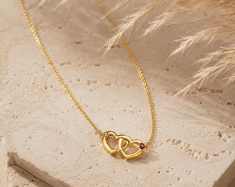 Personalisierte Herzkette mit Geburtssteinen, Doppelte Herz Halskette, Familienkette, Geschenk für Mama, Schwester, Freundin