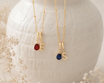 Personalisierte Bubble Letter Halskette mit Geburtsstein, 18K vergoldete Initial Kette, Geschenk für Frauen, Freundin, Mama