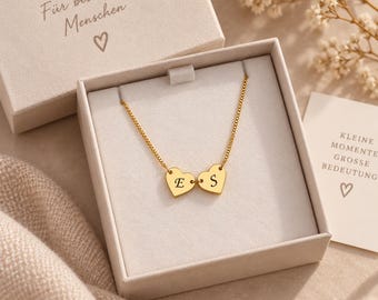 Personalisierte Herz Kette mit 2 Initialen, Partnerkette Gold, Geschenk für Freundin, Mama oder Pärchen