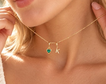 Personalisierte Bubble Letter Halskette mit Geburtsstein, 18K vergoldete Initial Kette, Geschenk für Frauen, Freundin, Mama