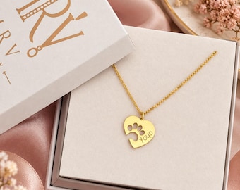 18K vergoldete Pfoten-Herzkette mit Tiername, personalisierte Haustierkette, Gedenkschmuck, Geschenk für Hundemama und Katzenmama