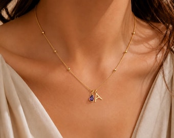 Personalisierte Bubble Letter Halskette mit Geburtsstein, 18K vergoldete Initial Kette, Geschenk für Frauen, Freundin, Mama