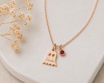 Personalisierte Geister Kette mit Name und Geburtsstein, Halloween Halskette, Ghost Anhänger, Geschenk für Mädchen, Tochter und Freundin