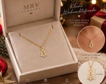 Weihnachtskette mit Tannenbaum Anhänger, Filigrane Gold Halskette, Weihnachtsgeschenk für Frauen, Festlicher Schmuck