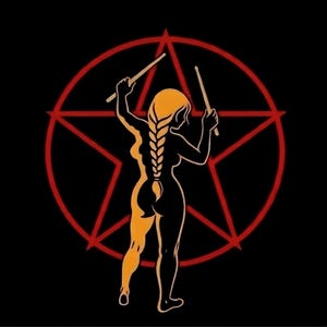 May include: A graphic illustration on a black background featuring a red pentagram. In the center, a silhouette of a person with a long braided ponytail is depicted in orange, holding two drumsticks raised in the air against the red star.