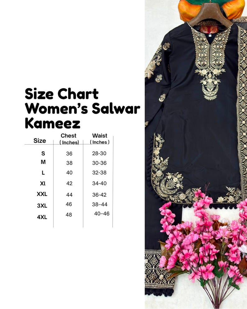 Op de afbeelding: Een zwarte salwar kameez met gouden borduursels rond de halslijn en zoom, weergegeven met een maattabel in inches voor de maten S tot 4XL. Het kledingstuk bevat een bijpassende zwarte broek en een decoratieve rand.