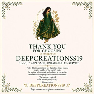 Op de afbeelding: Een digitale afbeelding met een illustratie van een figuur in een donkergroene jurk met gouden borduursels. De tekst luidt: THANK YOU FOR CHOOSING DEEPCREATIONSS19 UNIQUE APPROACH, UNPARALLELED SERVICE. Let op: De getoonde afbeeldingen zijn digitale mockups.