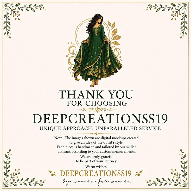Op de afbeelding: Een digitale afbeelding met een illustratie van een figuur in een donkergroene jurk met gouden borduursels. De tekst luidt: THANK YOU FOR CHOOSING DEEPCREATIONSS19 UNIQUE APPROACH, UNPARALLELED SERVICE. Let op: De getoonde afbeeldingen zijn digitale mockups.