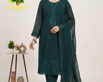 Smaragdgroene Pakistaanse Salwar Kameez voor dames, geborduurd recht model met chiffon dupatta.
