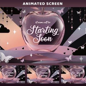 May include: A digital animated screen graphic featuring a large, translucent rose gold apple with the text "stream will be Starting Soon" in white script. The background includes black clouds, hanging heart chains, white butterflies, and stars.