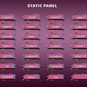 Peut inclure: Un ensemble de panneaux statiques rectangulaires avec un fond dégradé violet, ornés de papillons et d'étiquettes en texte blanc comme Giveaway, TikTok, Snapchat, Credits, Website, Social, Games, Facebook, YouTube, Dono, Rules, Discord, Wishlist, Sponsors, PC Specs, Contact, Twitter, Hardware, Instagram, About Me, Tip, Schedule, Commands, Patreon, Subscribe, Goals et FAQ.