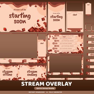 Sweet Dessert Animated Stream Overlay Package for Twitch, Chocolate Strawberry Twitch Overlay, Melted Chocolate Drip, Cream Splash Design